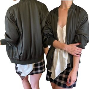 ZARA Collection Khaki Army Green Silk Satin Bomber Jacket O-Ring Zippers • Small